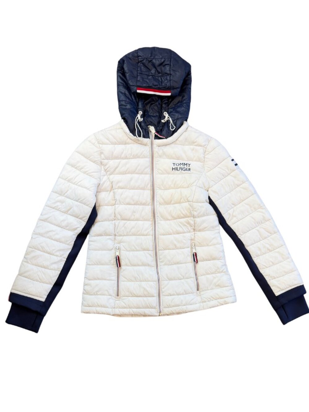 Tommy Hilfiger Packable Lightweight Fitted Puffer Jacket Hooded Blue White Small